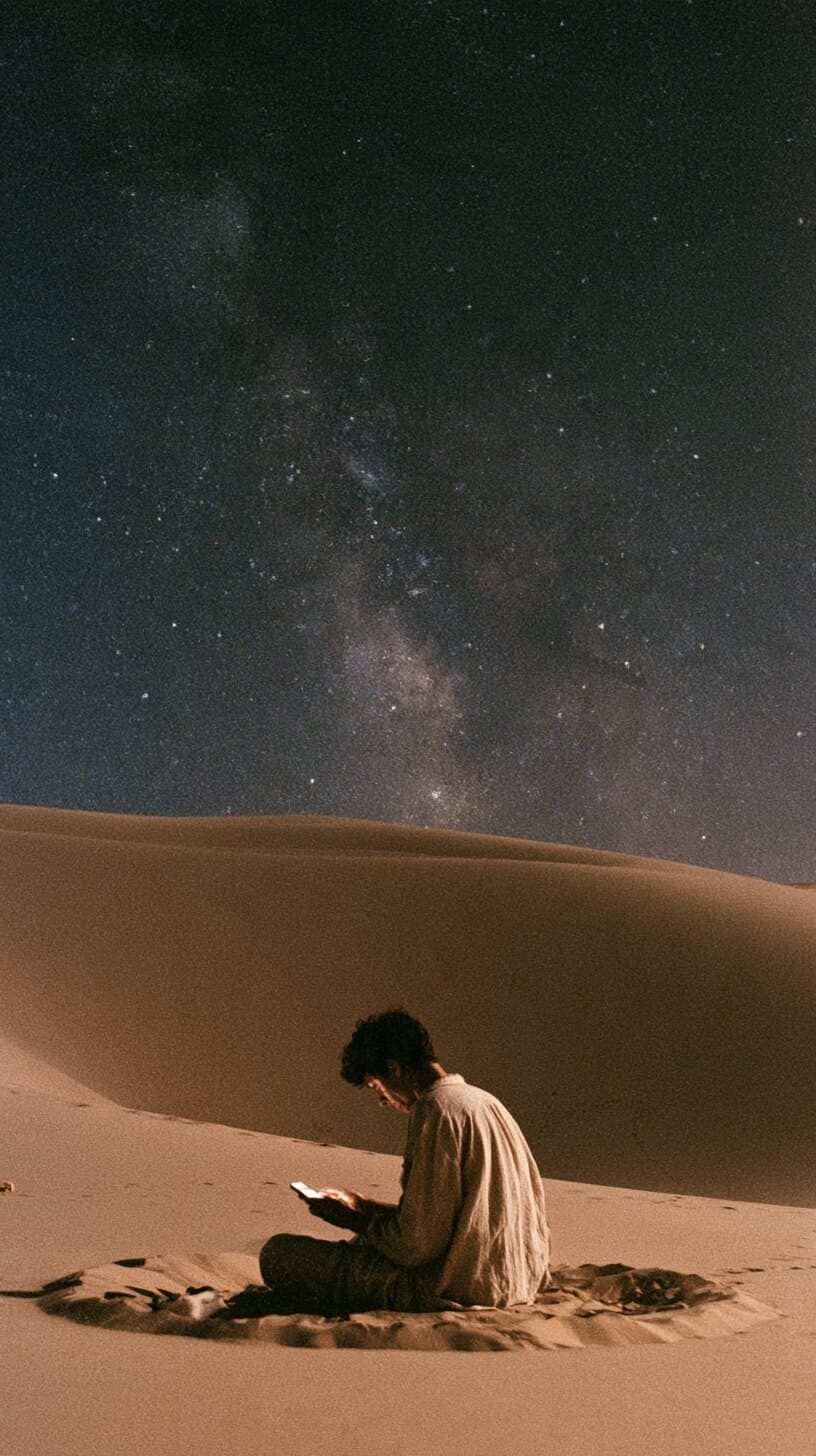 A man reads his phone on a desert dune under the Milky Way.