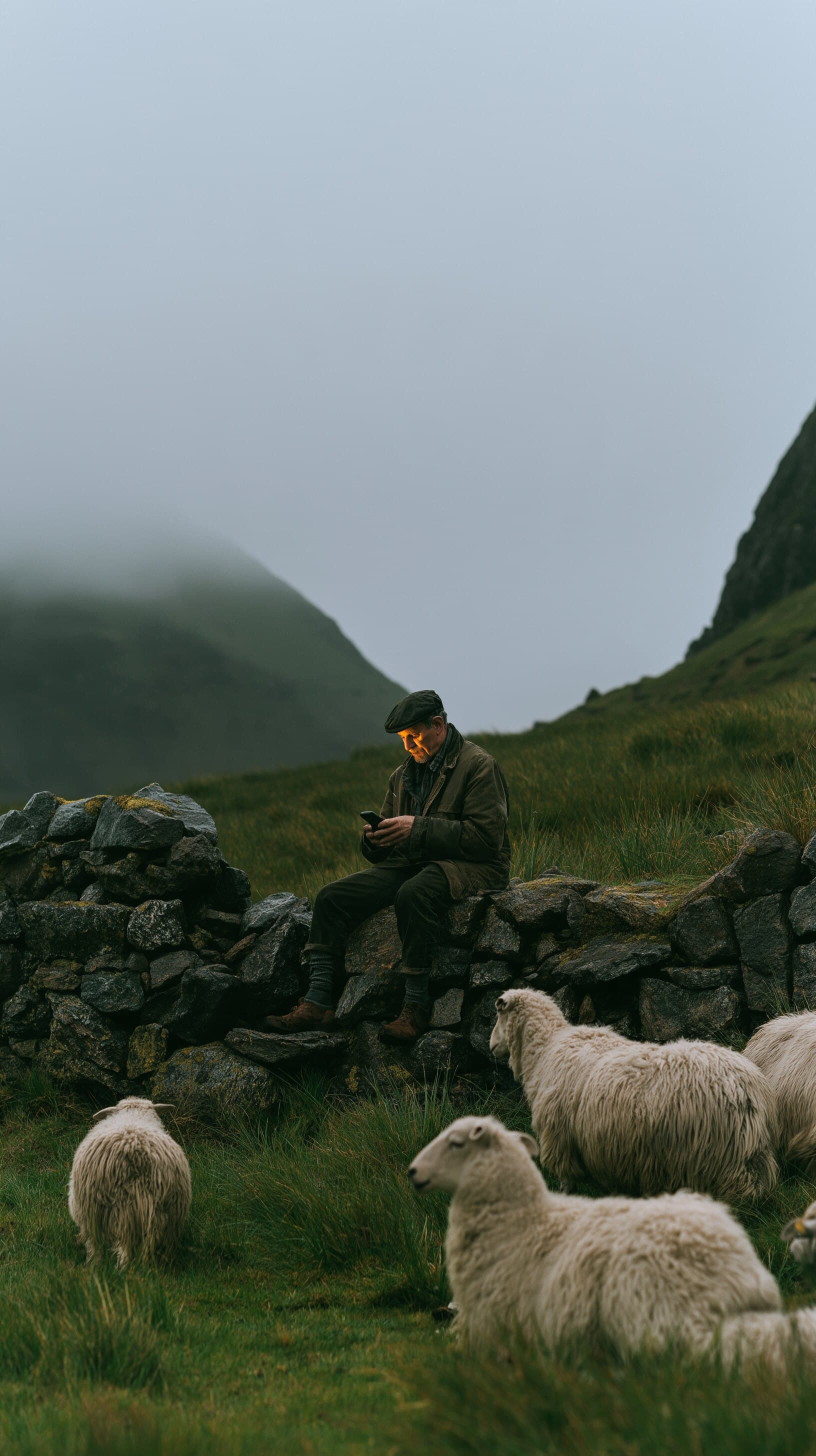A farmer checks his phone on a stone wall among sheep.