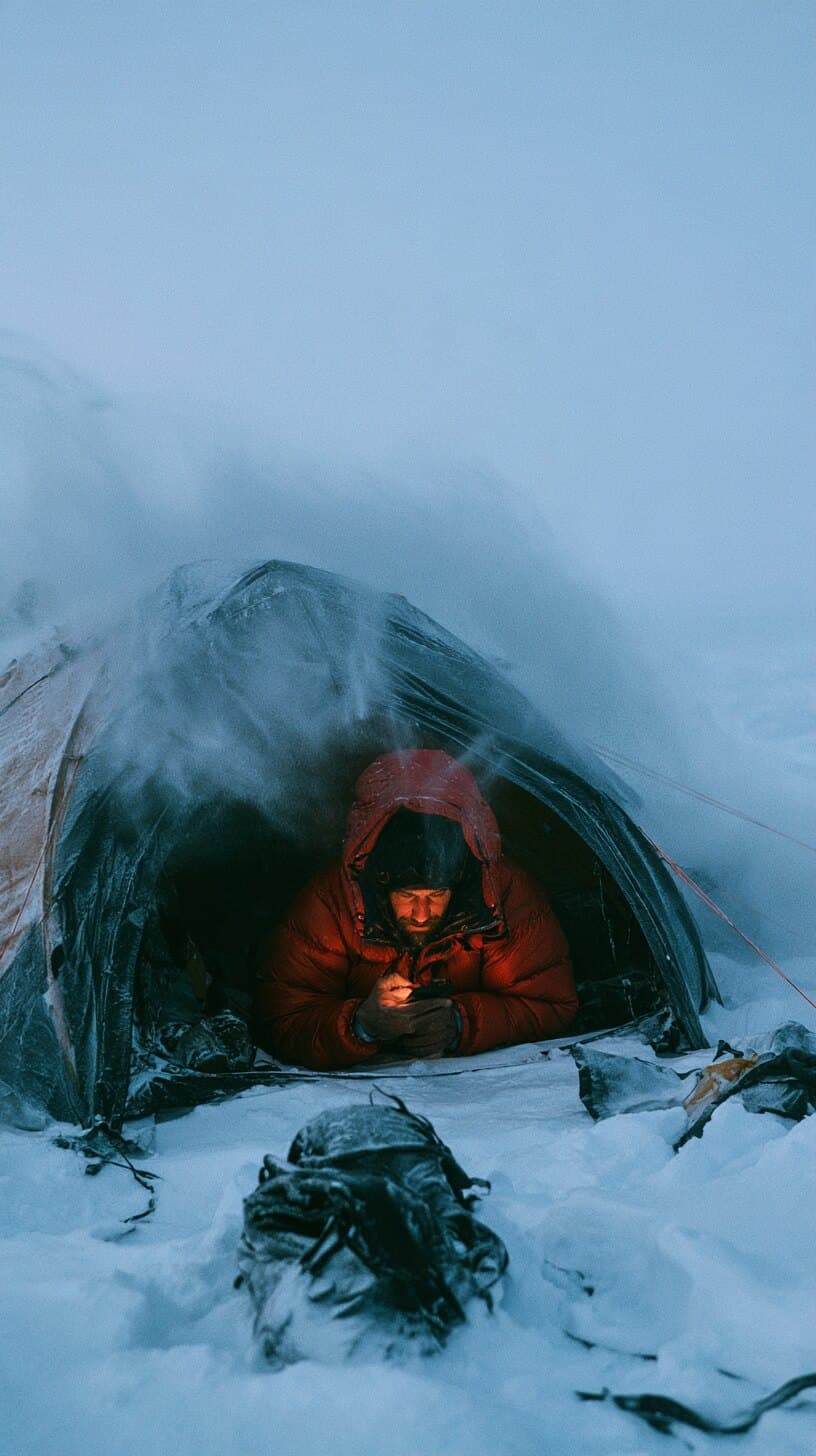 A climber in a red parka lies in a snow-covered tent with his phone.