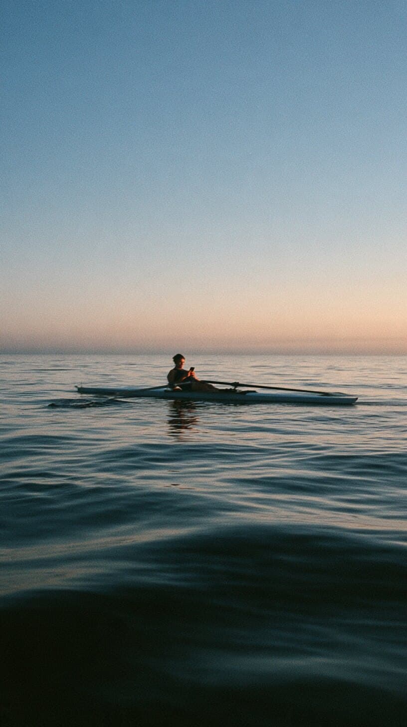 A rower rests on a calm sea at dusk.