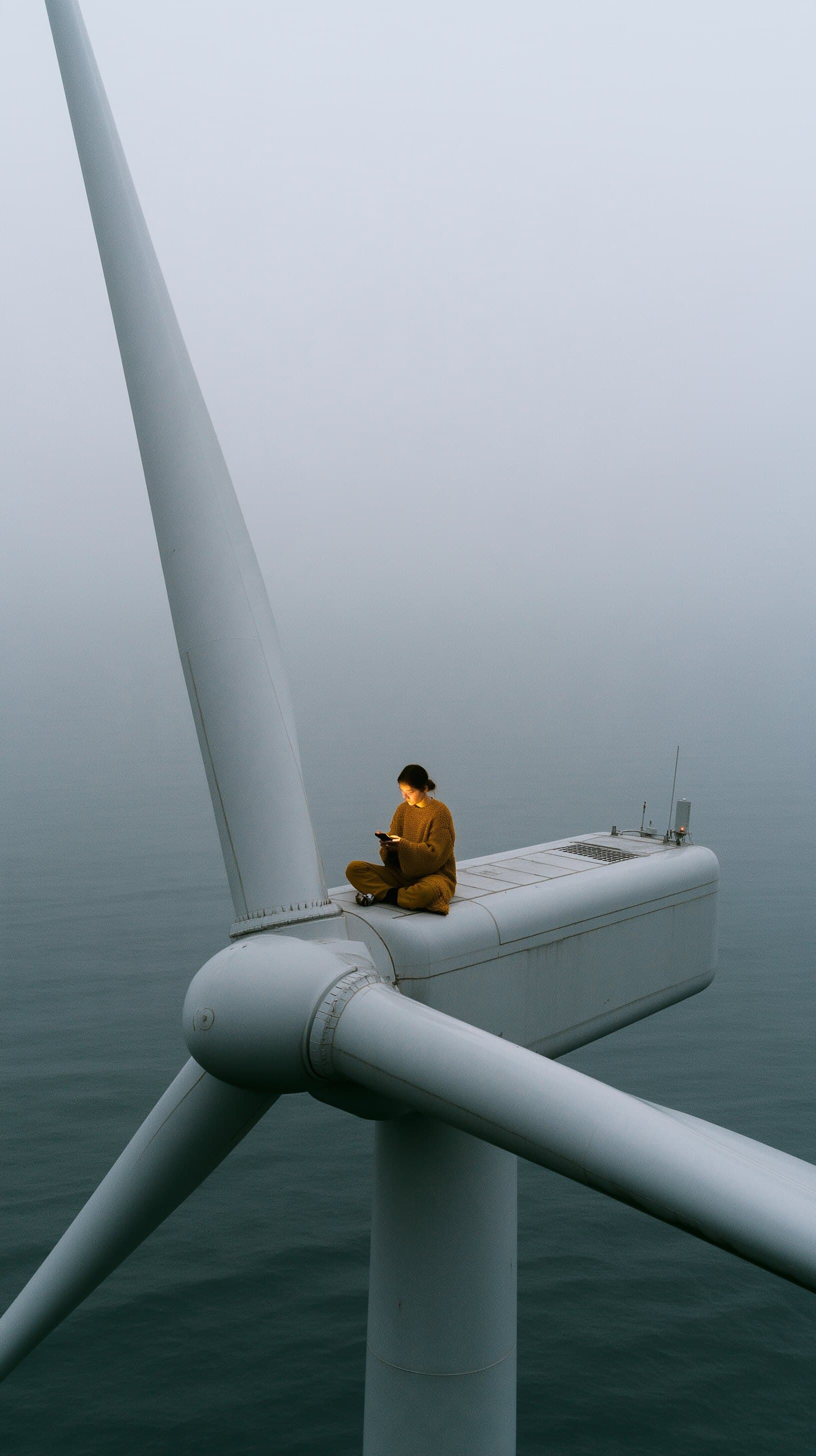 A technician sits on top of a wind turbine in thick fog.